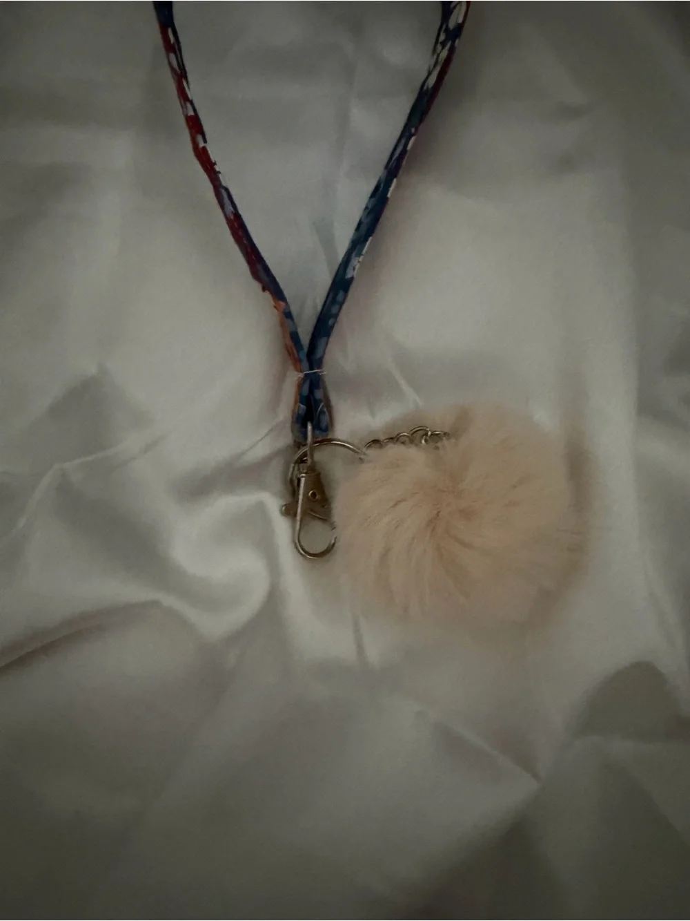 Handmade Red and Blue Floral Wristlet Keychain with Beige Pompom